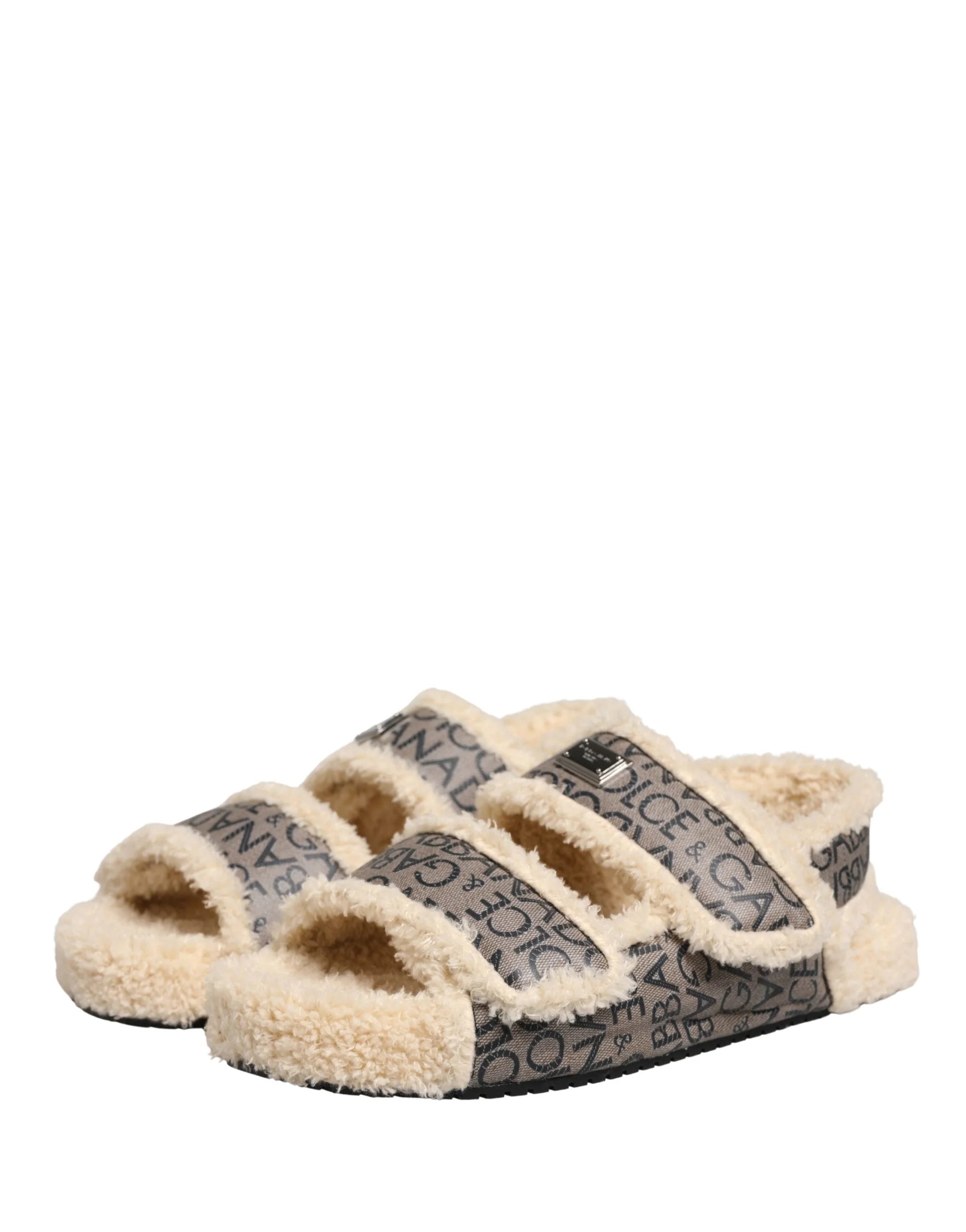 Dolce & Gabbana Beige Faux Fur Logo Print Flats Sandals Shoes - EU44/US11