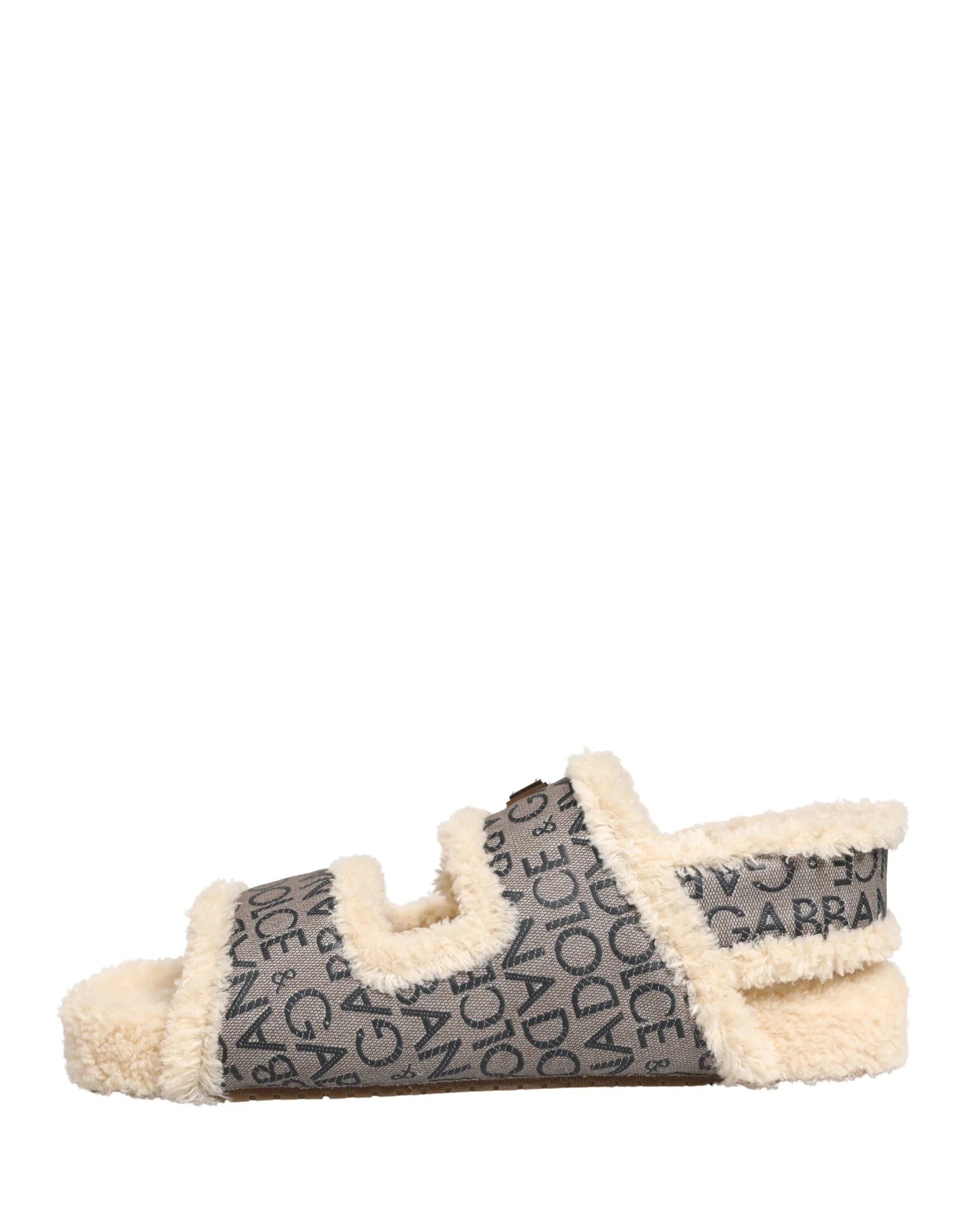 Dolce & Gabbana Beige Faux Fur Logo Print Flats Sandals Shoes - EU44/US11
