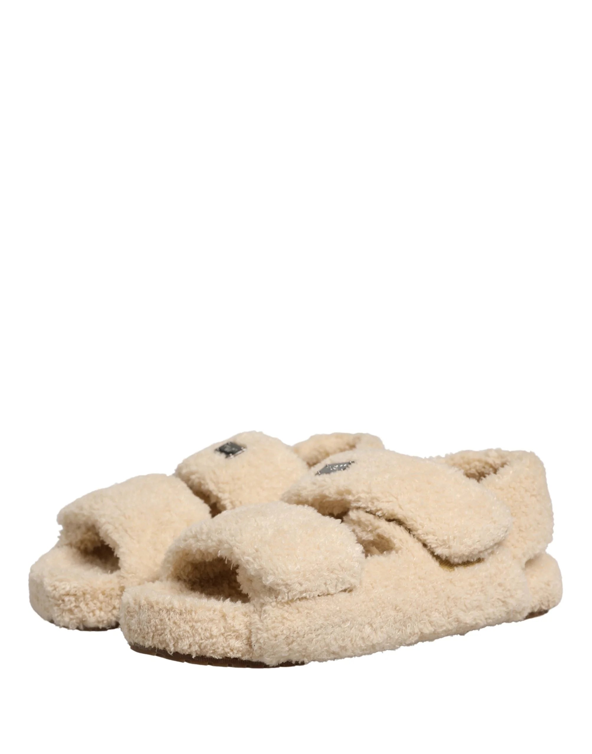 Dolce & Gabbana Beige Faux Fur Slides Men Flats Sandals Shoes - EU44/US11