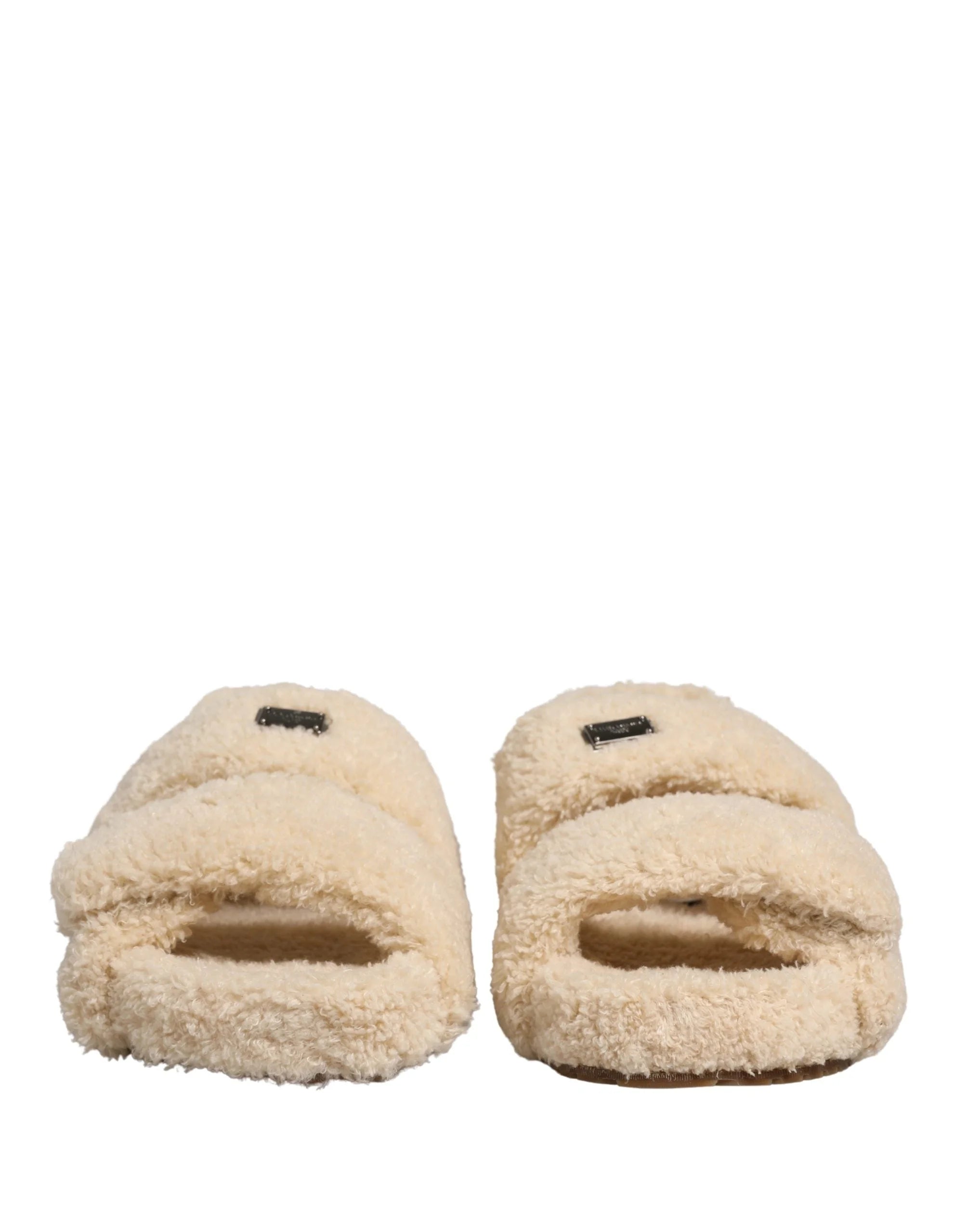 Dolce & Gabbana Beige Faux Fur Slides Men Flats Sandals Shoes - EU44/US11