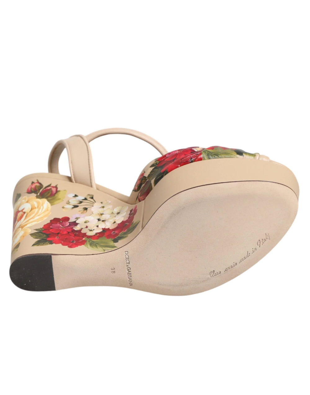 Dolce & Gabbana Beige Floral Ankle Strap Wedge Sandals Shoes - Sandals