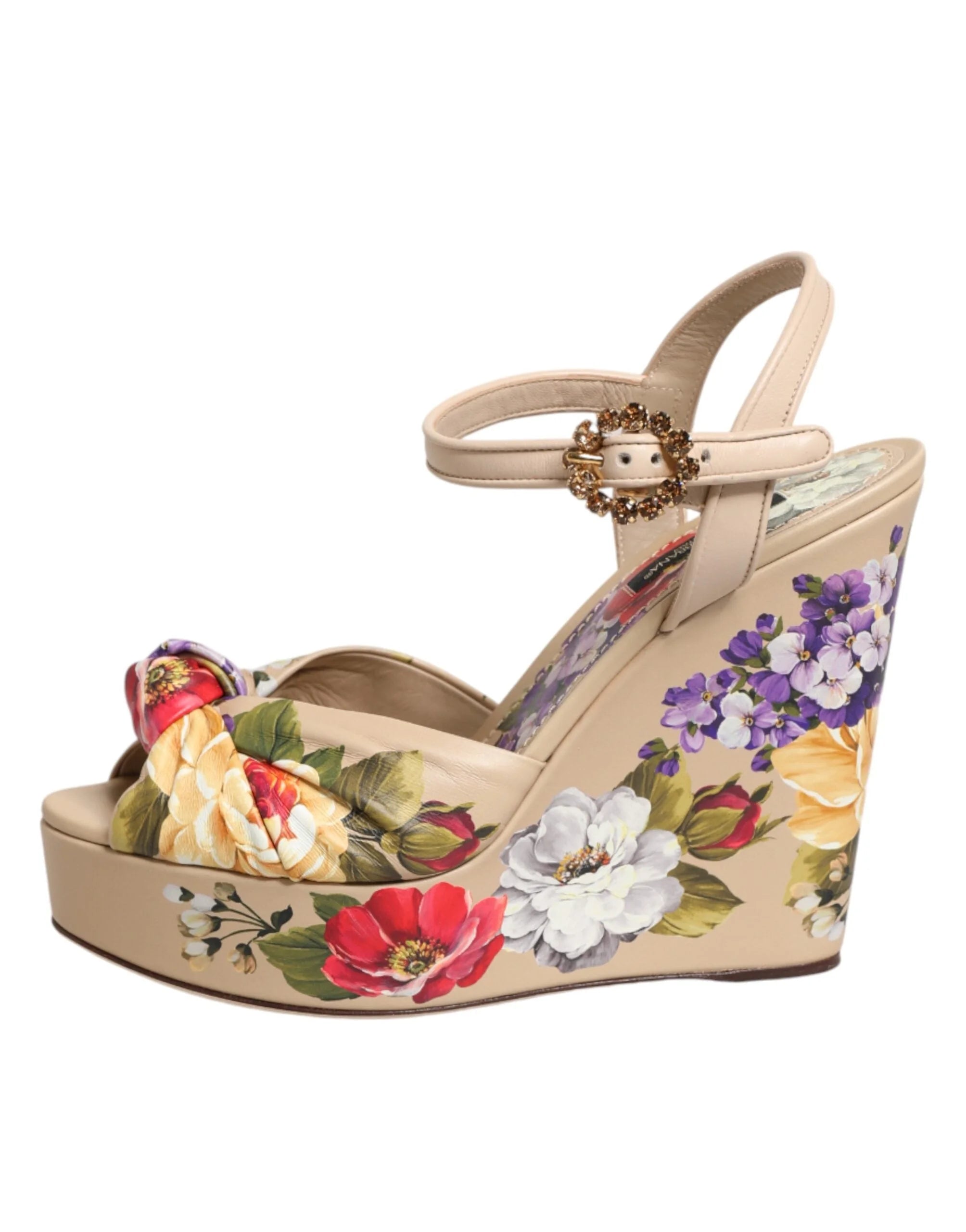 Dolce & Gabbana Beige Floral Ankle Strap Wedge Sandals Shoes - Sandals