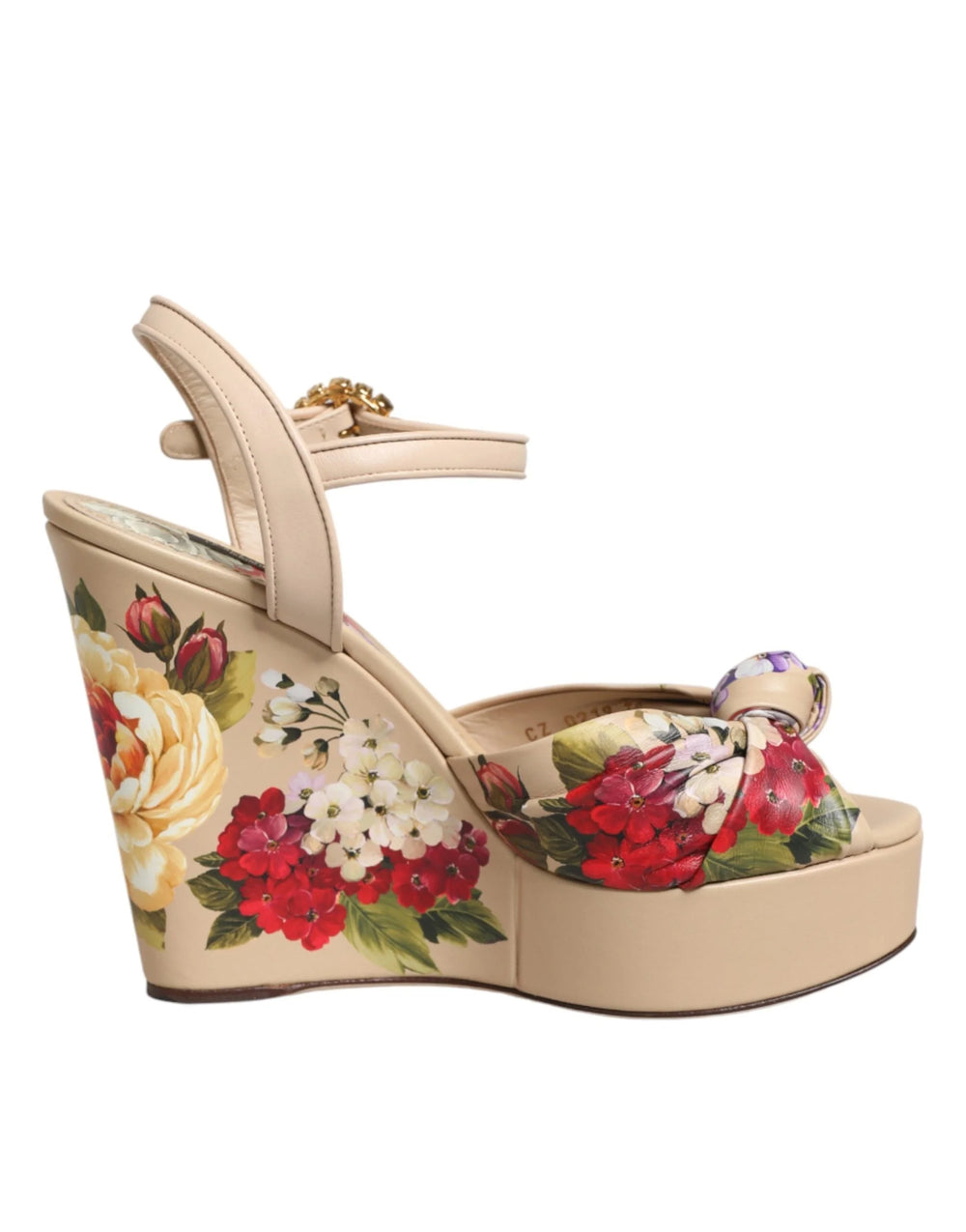 Dolce & Gabbana Beige Floral Ankle Strap Wedge Sandals Shoes - Sandals
