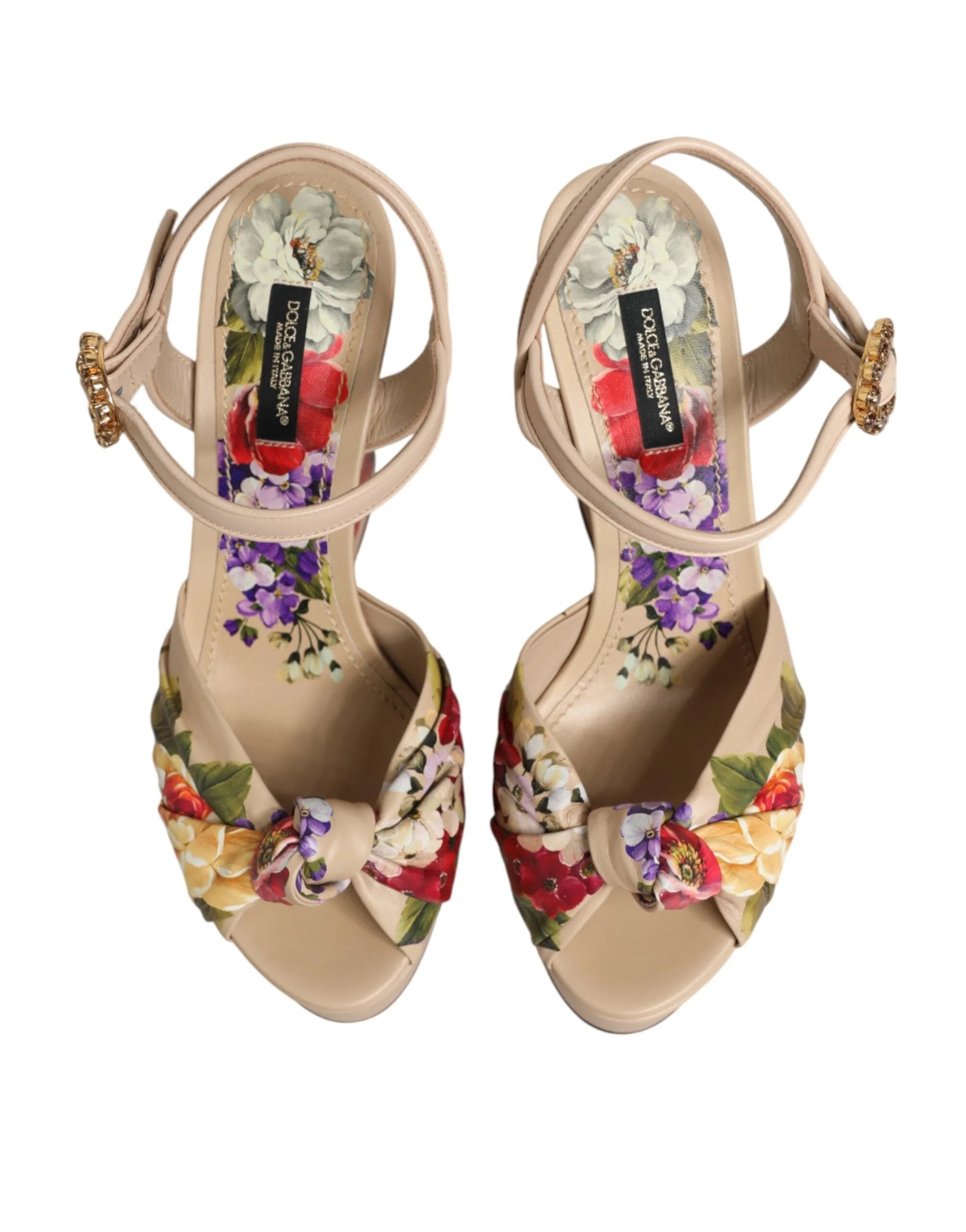 Dolce & Gabbana Beige Floral Ankle Strap Wedge Sandals Shoes - Sandals