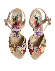Dolce & Gabbana Beige Floral Ankle Strap Wedge Sandals Shoes - Sandals