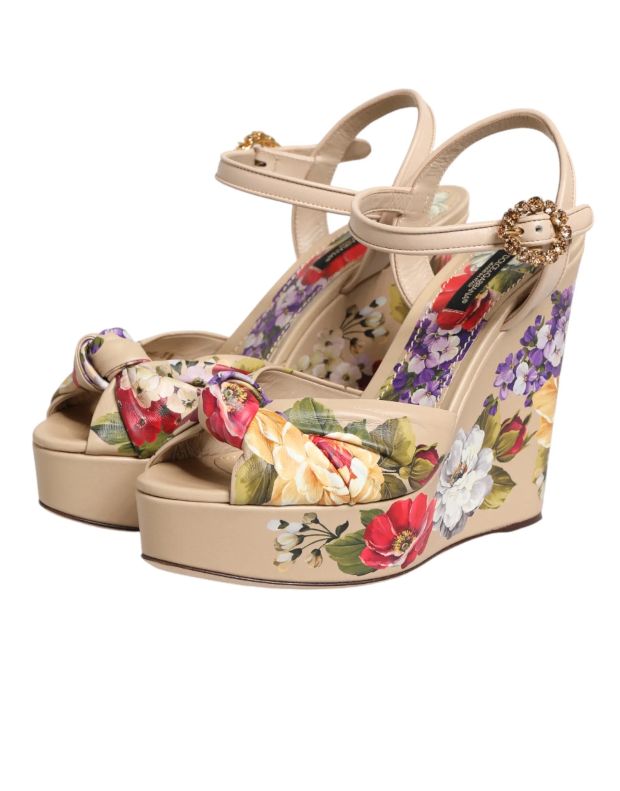 Dolce & Gabbana Beige Floral Ankle Strap Wedge Sandals Shoes - Sandals