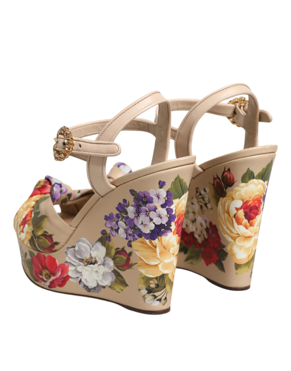 Dolce & Gabbana Beige Floral Ankle Strap Wedge Sandals Shoes - Sandals