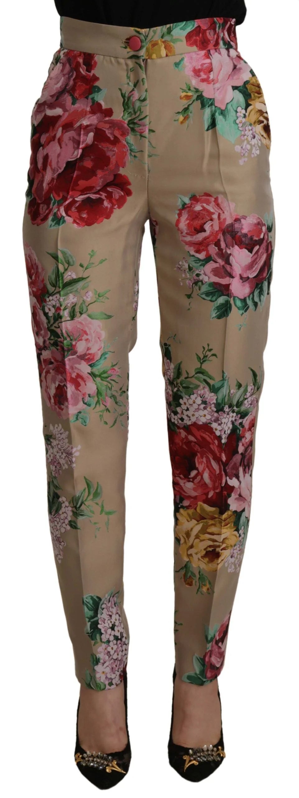 Dolce & Gabbana Beige Floral Dress Formal High Waist Pants - Trousers