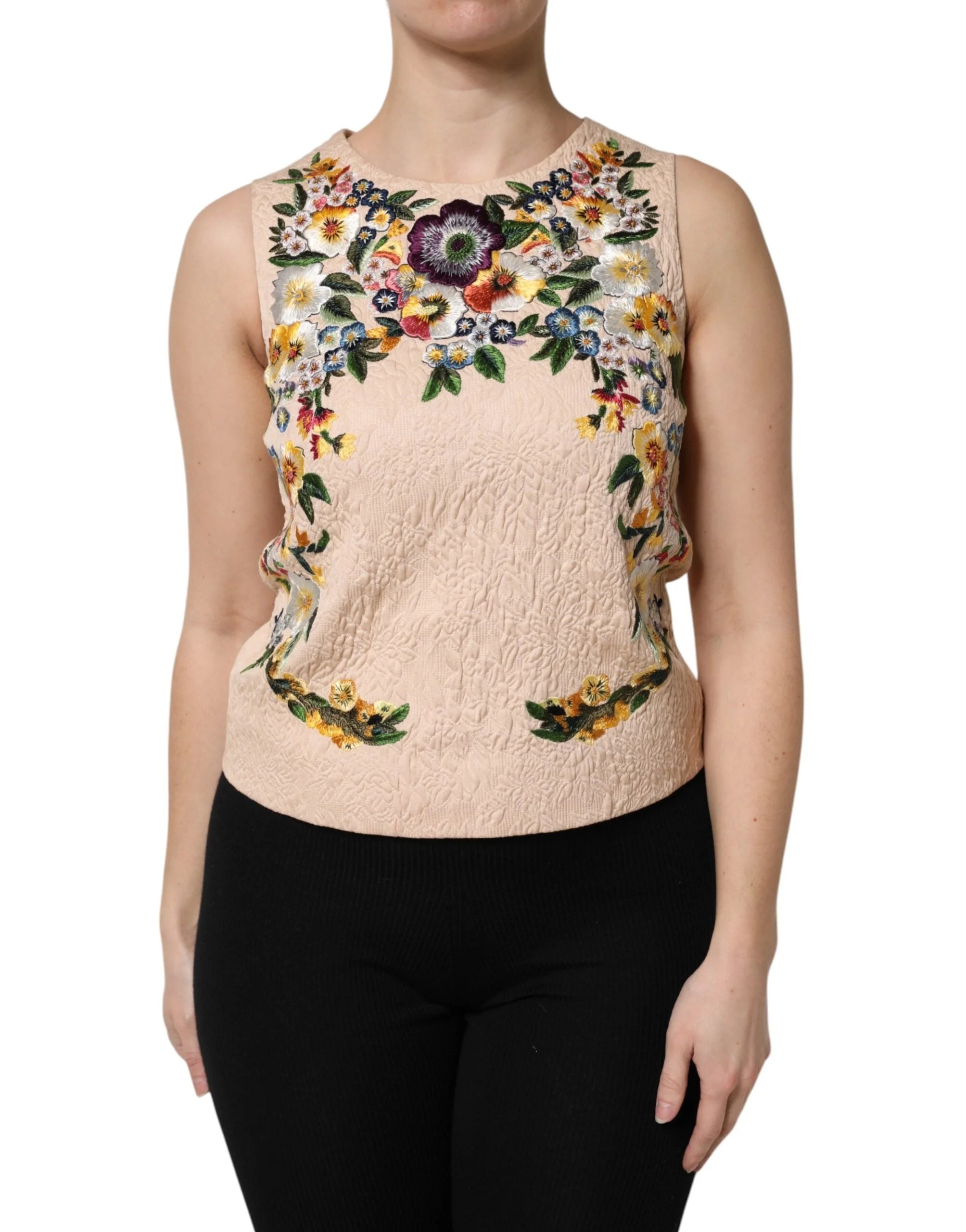 Dolce & Gabbana Beige Floral Embroidery Sleeveless Tank Top - Tank Tops
