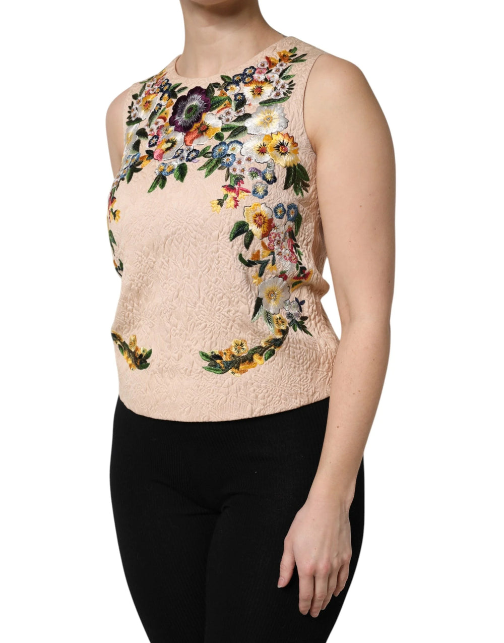 Dolce & Gabbana Beige Floral Embroidery Sleeveless Tank Top - Tank Tops