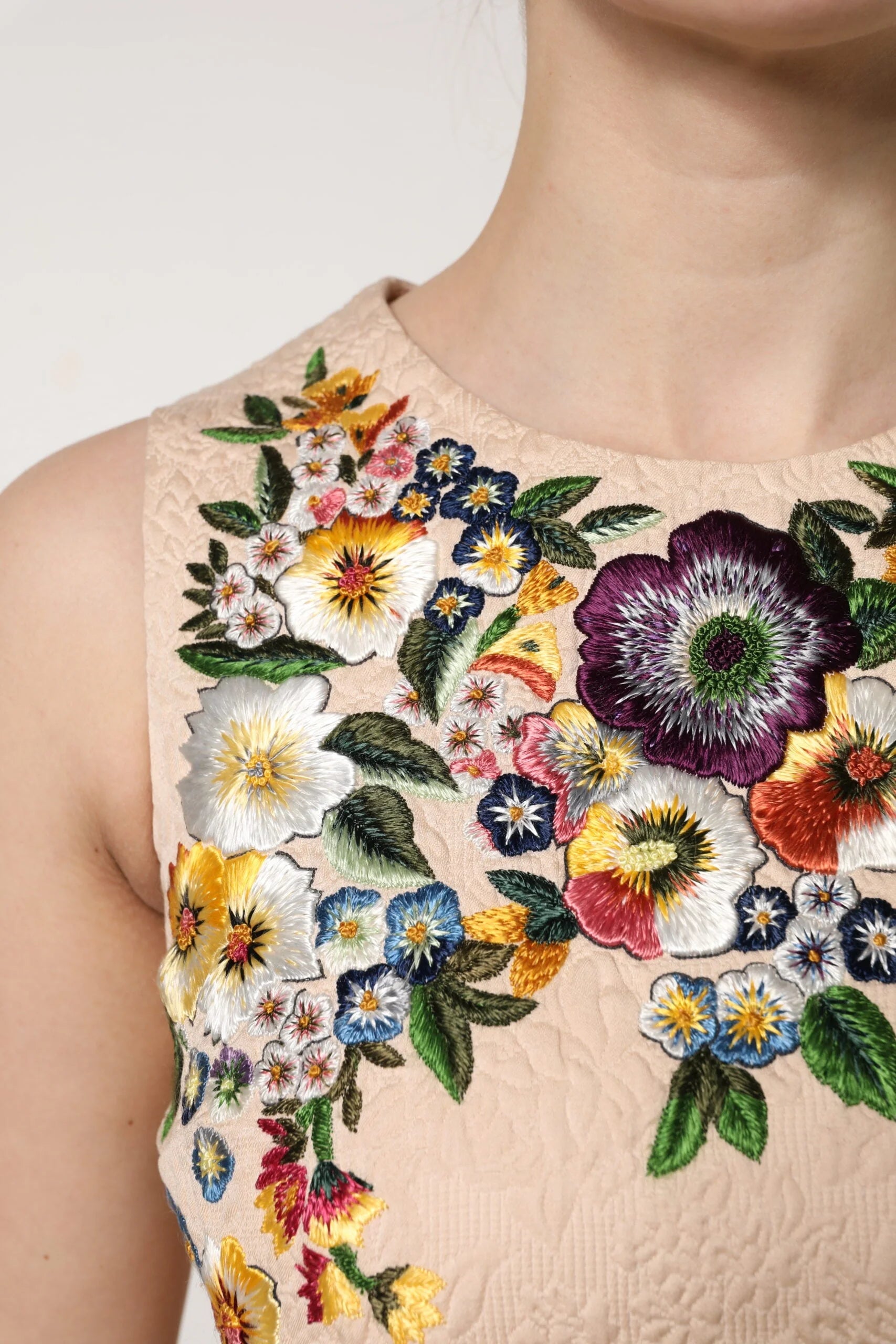 Dolce & Gabbana Beige Floral Embroidery Sleeveless Tank Top - Tank Tops