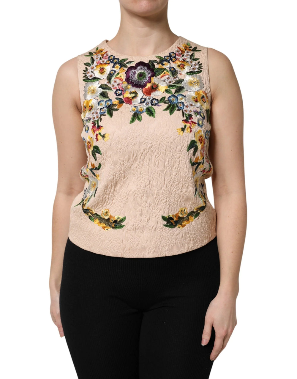 Dolce & Gabbana Beige Floral Embroidery Sleeveless Tank Top - Tank Tops