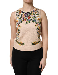 Dolce & Gabbana Beige Floral Embroidery Sleeveless Tank Top - Tank Tops
