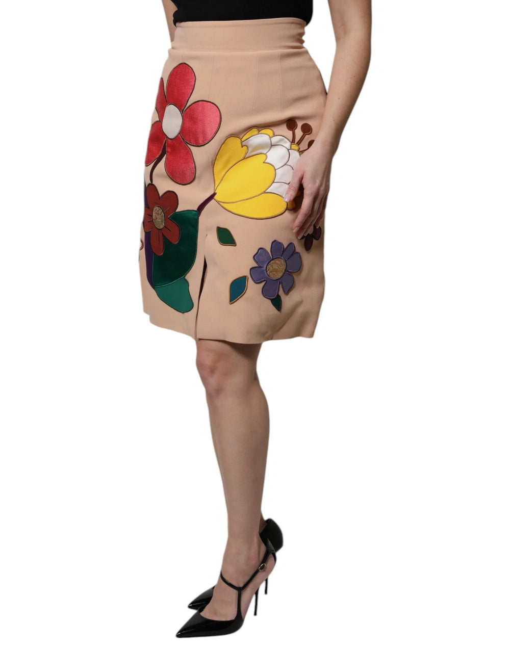 Dolce & Gabbana Beige Floral High Waist Pencil Cut Skirt - Skirts