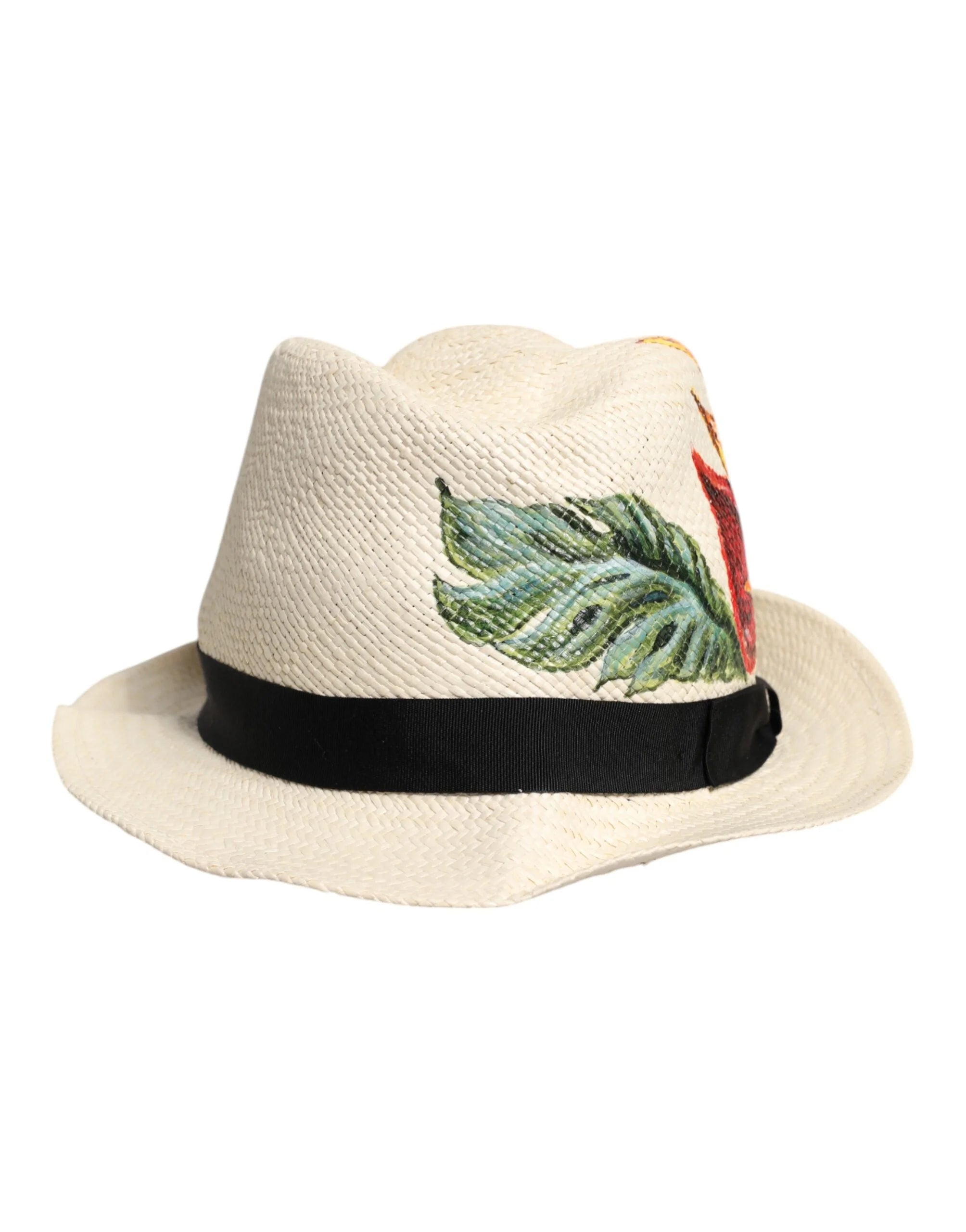 Dolce & Gabbana Beige Floral Print Straw Wide Brim Fedora Hat - Fedoras