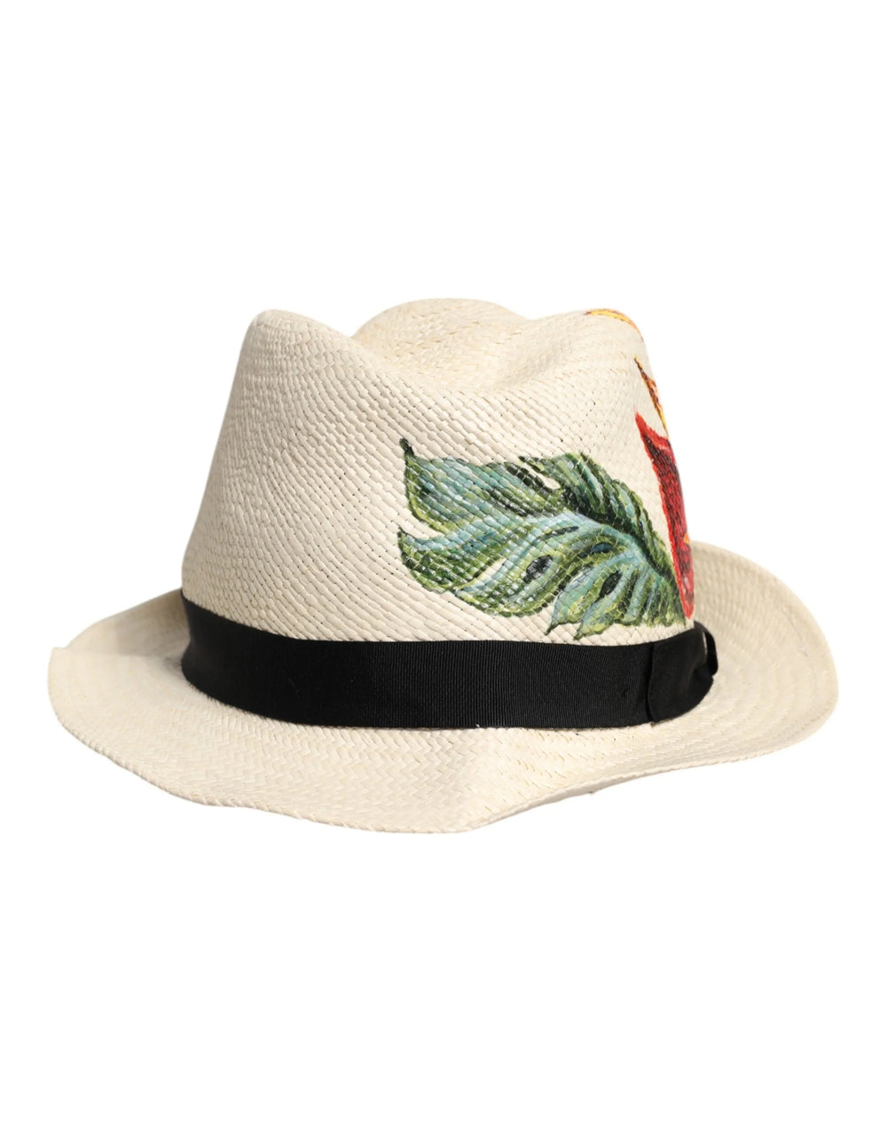 Dolce & Gabbana Beige Floral Print Straw Wide Brim Fedora Hat - Fedoras