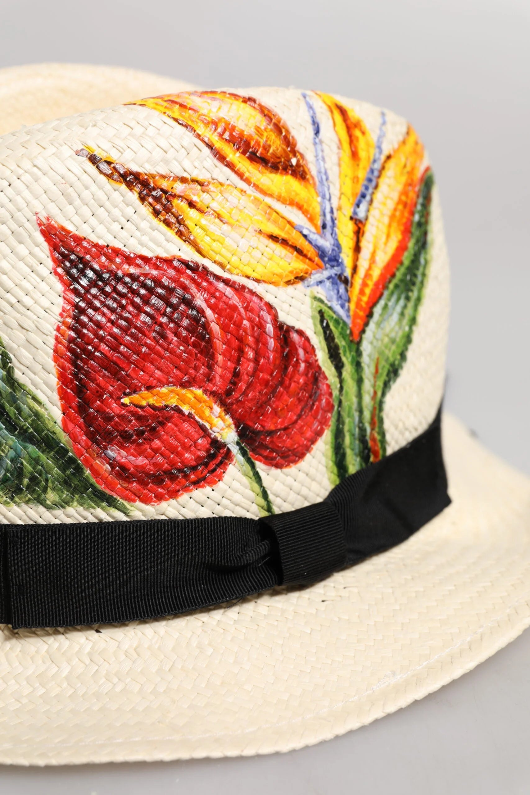 Dolce & Gabbana Beige Floral Print Straw Wide Brim Fedora Hat - Fedoras