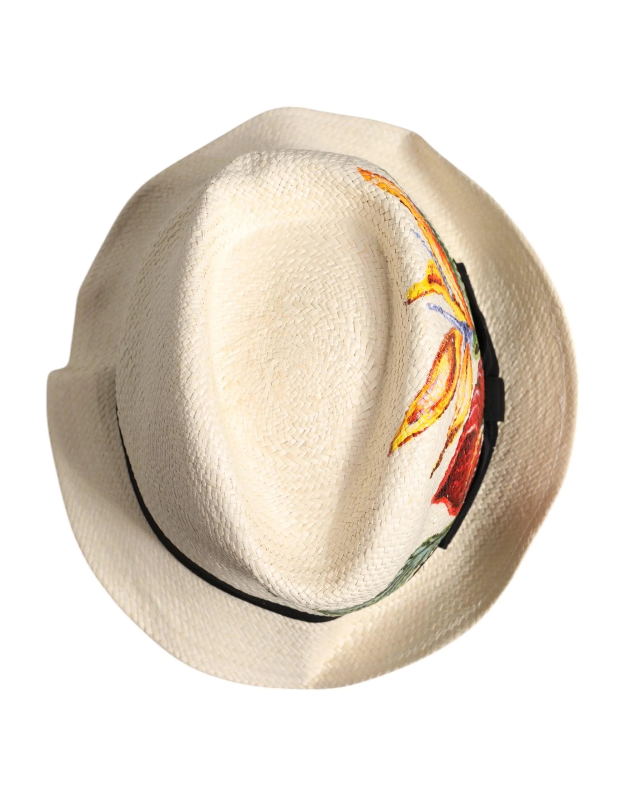 Dolce & Gabbana Beige Floral Print Straw Wide Brim Fedora Hat - Fedoras