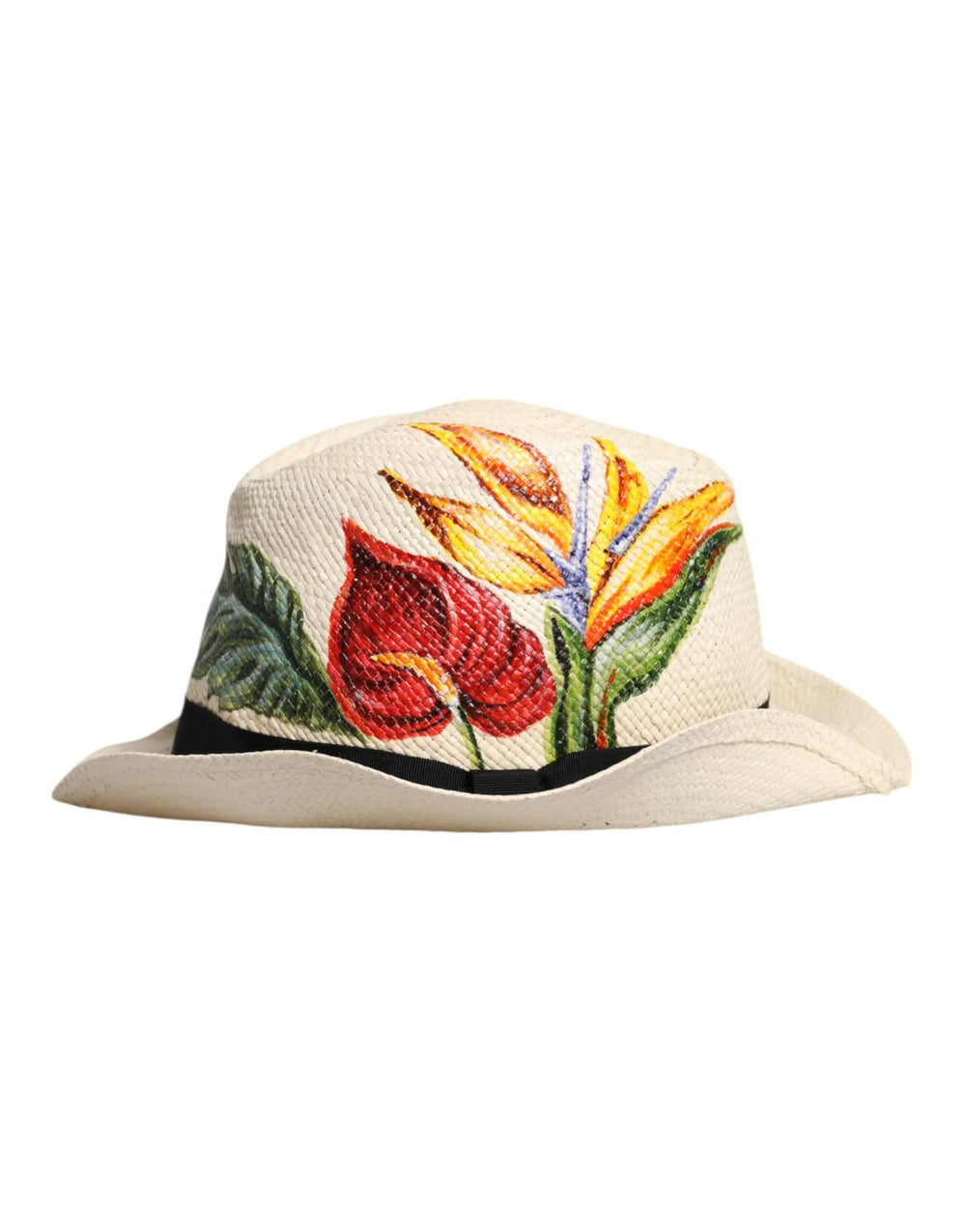 Dolce & Gabbana Beige Floral Print Straw Wide Brim Fedora Hat - Fedoras