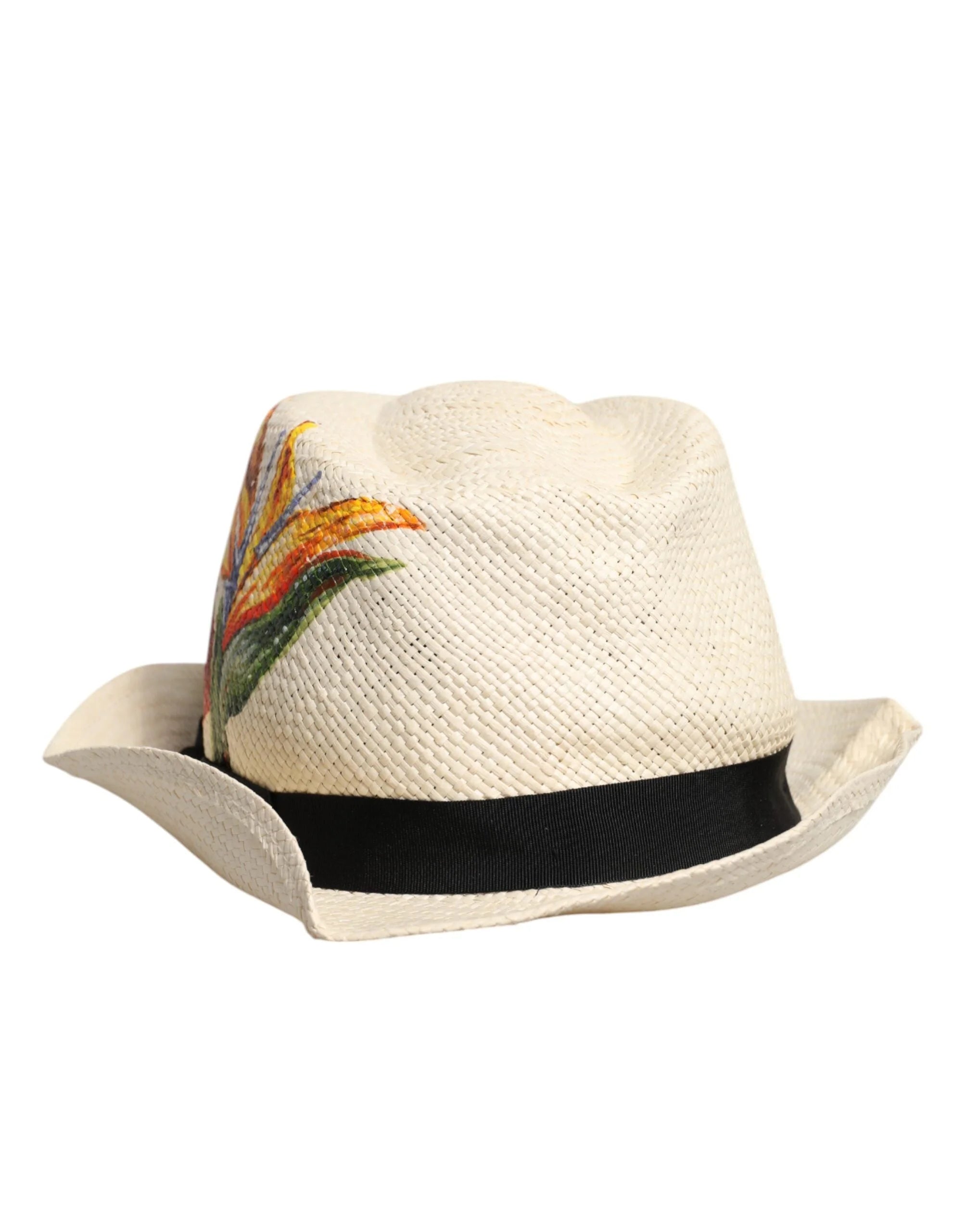 Dolce & Gabbana Beige Floral Print Straw Wide Brim Fedora Hat - Fedoras