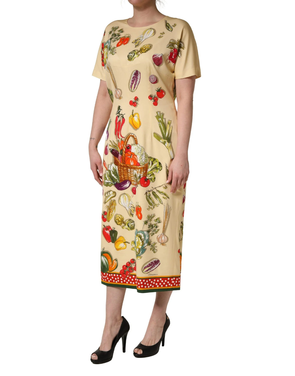 Dolce & Gabbana Bézs Gyümölcs Mintás Selyem Közepes Hosszú Ruha