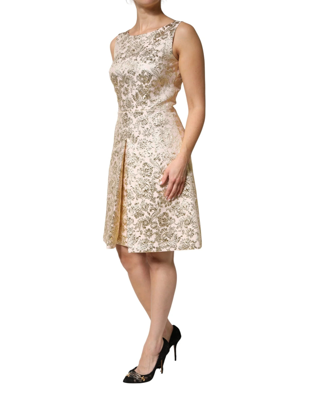 Dolce & Gabbana Beige Gold Floral Brocade Sleeveless Dress - IT42|M