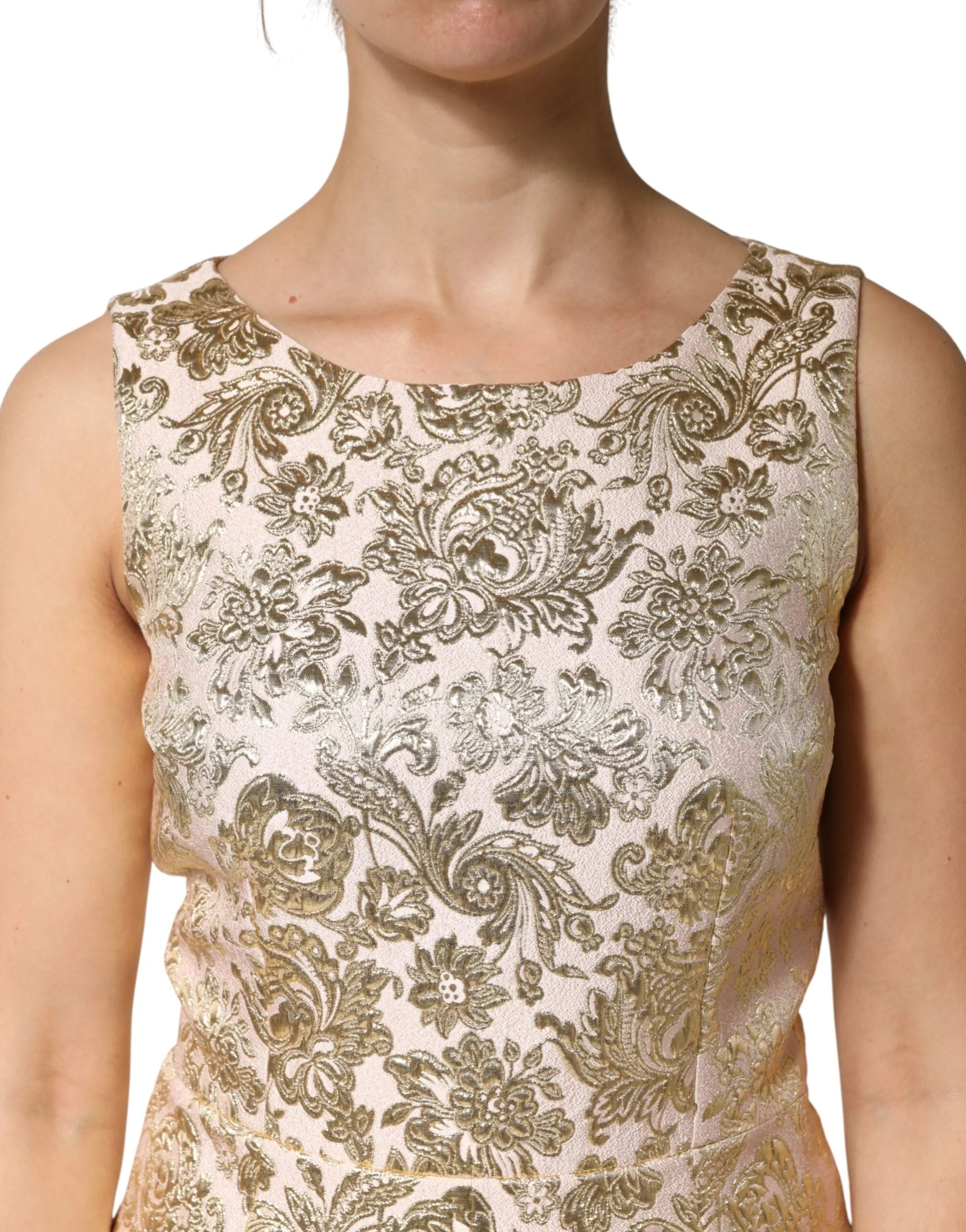 Dolce & Gabbana Beige Gold Floral Brocade Sleeveless Dress - IT42|M