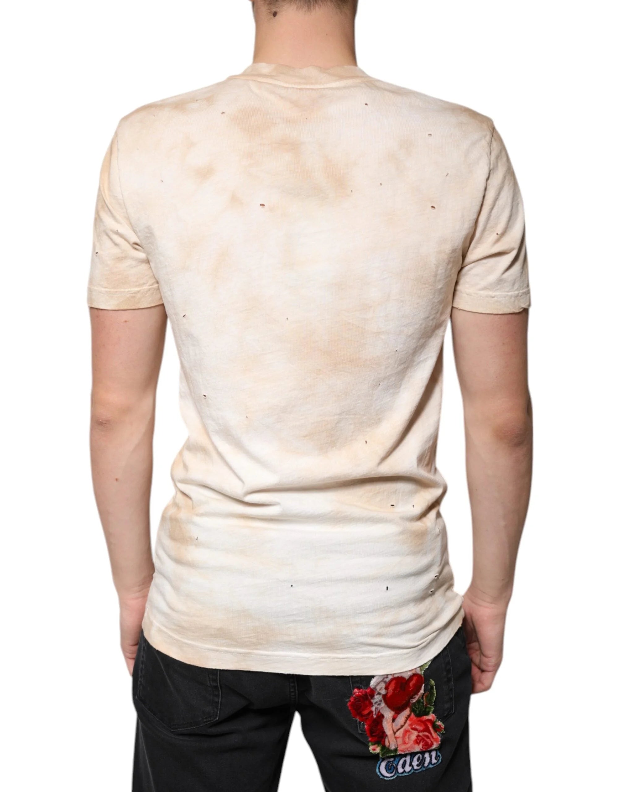 Dolce & Gabbana Beige Graphic Print Cotton V-neck T-shirt - IT48 | M - T-Shirts