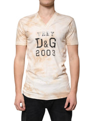 Dolce & Gabbana Beige Graphic Print Cotton V-neck T-shirt - IT48 | M - T-Shirts