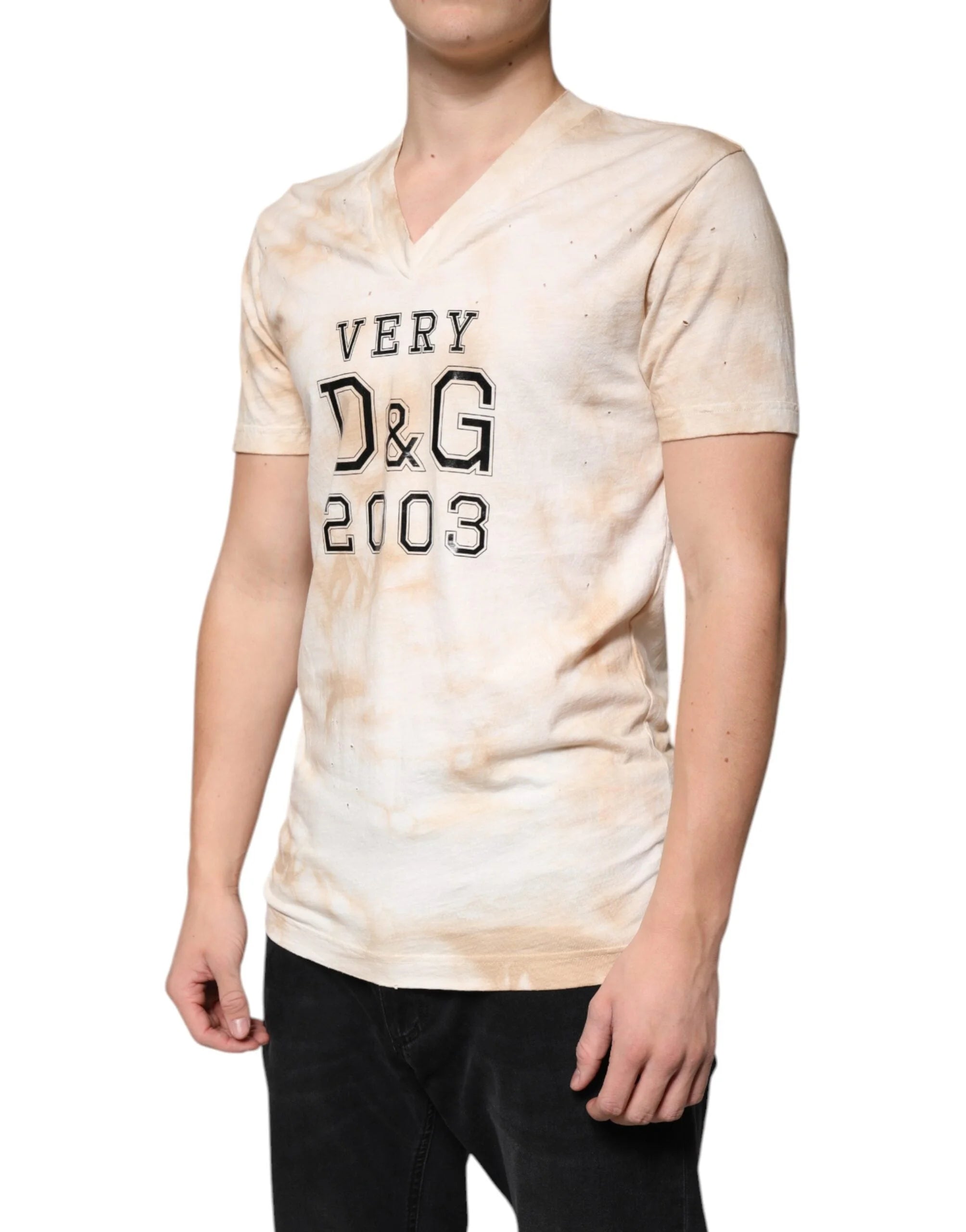Dolce & Gabbana Beige Graphic Print Cotton V-neck T-shirt - IT48 | M - T-Shirts