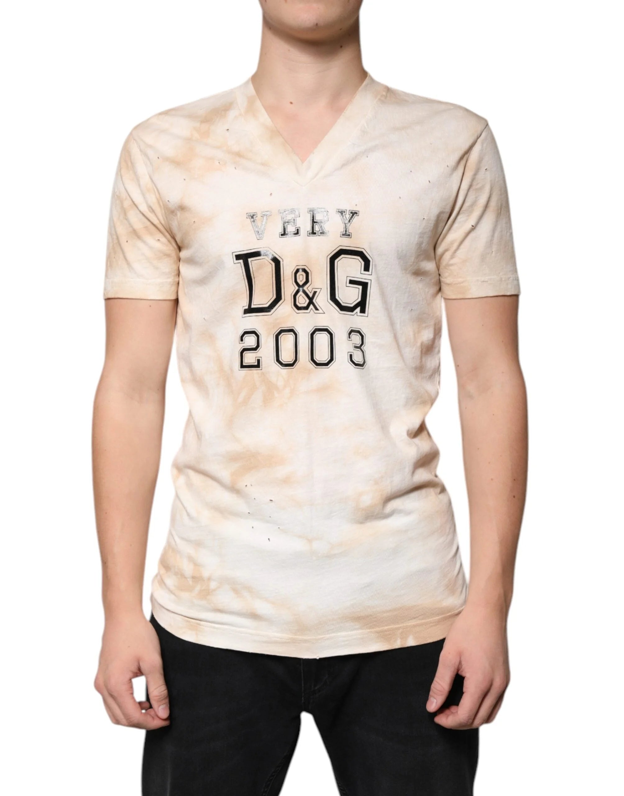 Dolce & Gabbana Beige Graphic Print Cotton V-neck T-shirt - IT48 | M - T-Shirts