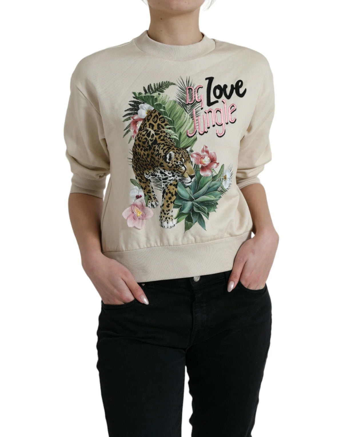 Dolce & Gabbana Beige Jungle Printed Cotton Pullover Sweater - IT38 | XS - Sweaters