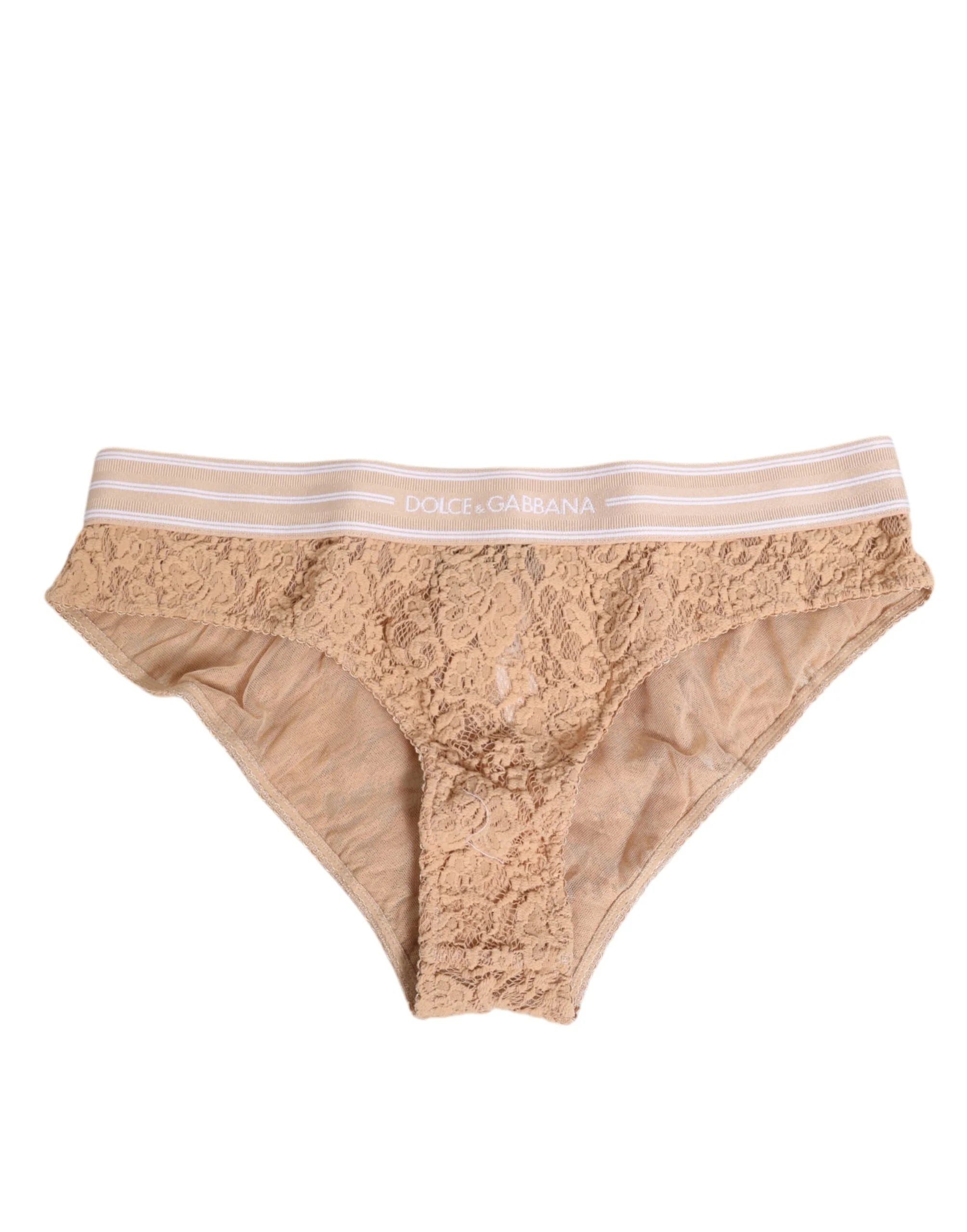 Dolce & Gabbana Beige Lace Brasiliano Briefs Logo Waistband Underwear - Briefs