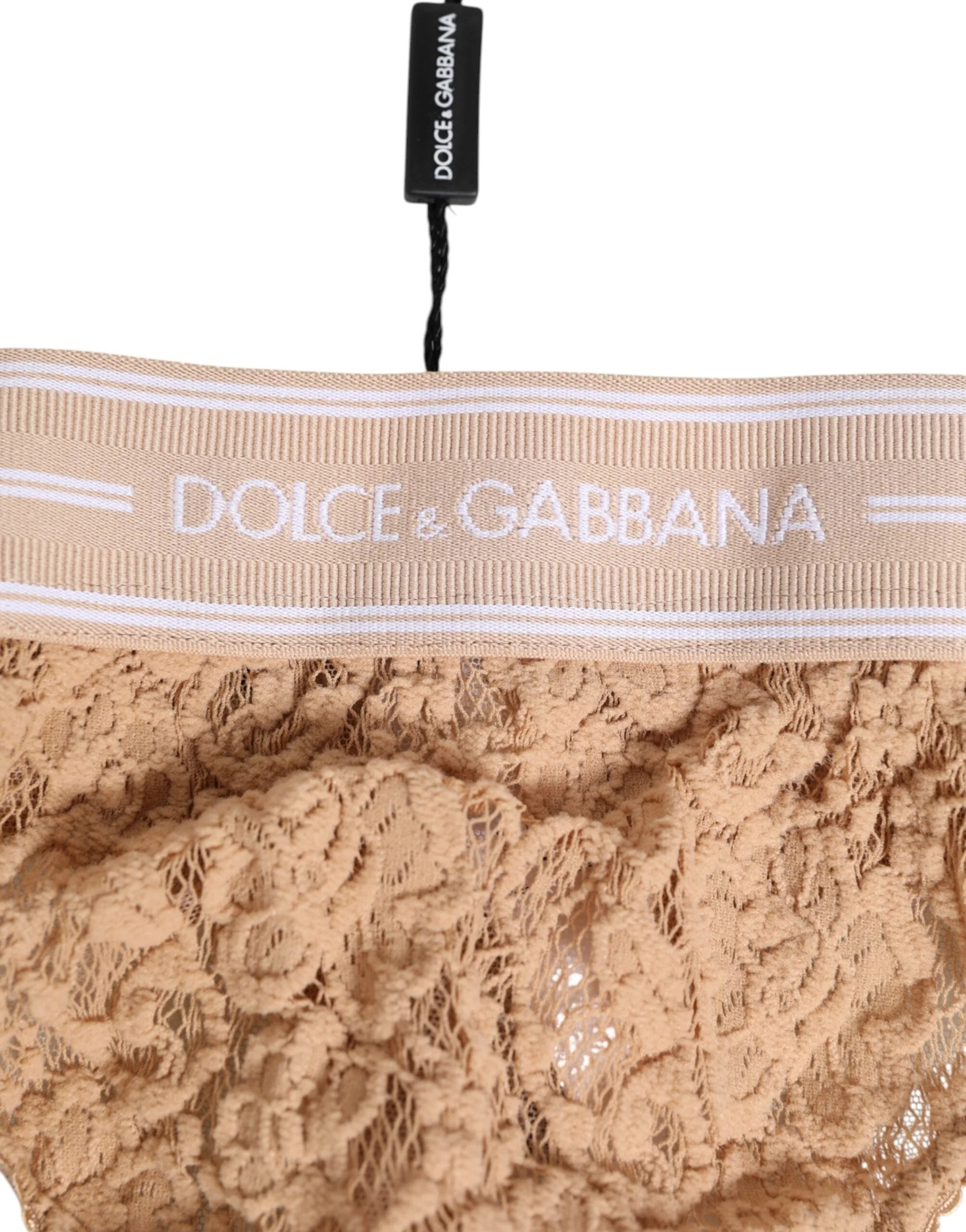 Dolce & Gabbana Beige Lace Logo Elastic Waist Thong Tanga Underwear - IT3 | M - Thongs
