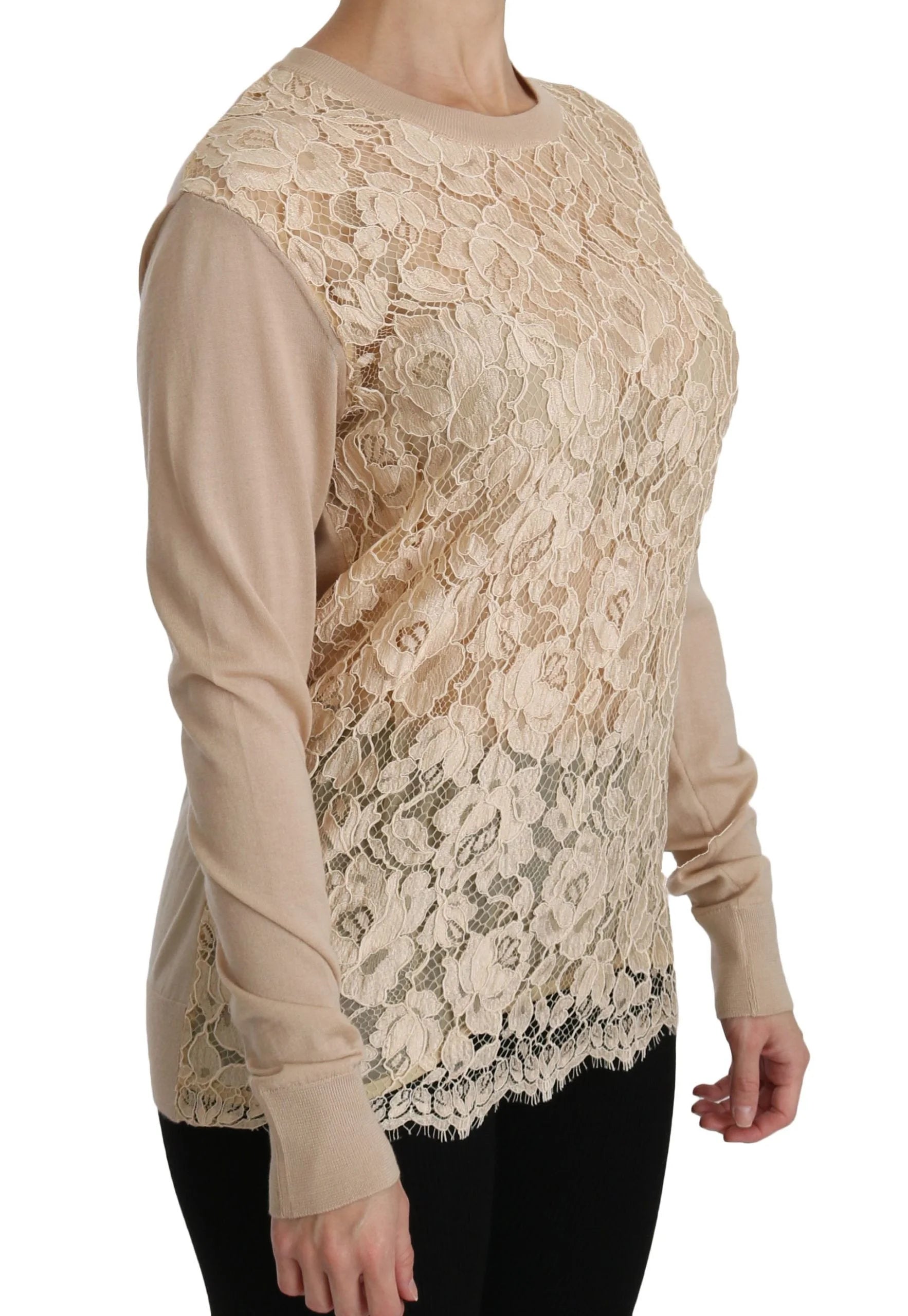 Dolce & Gabbana Beige Lace Long Sleeve Top Cashmere Blouse - IT38|XS - Blouses