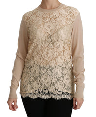 Dolce & Gabbana Beige Lace Long Sleeve Top Cashmere Blouse - IT38|XS - Blouses