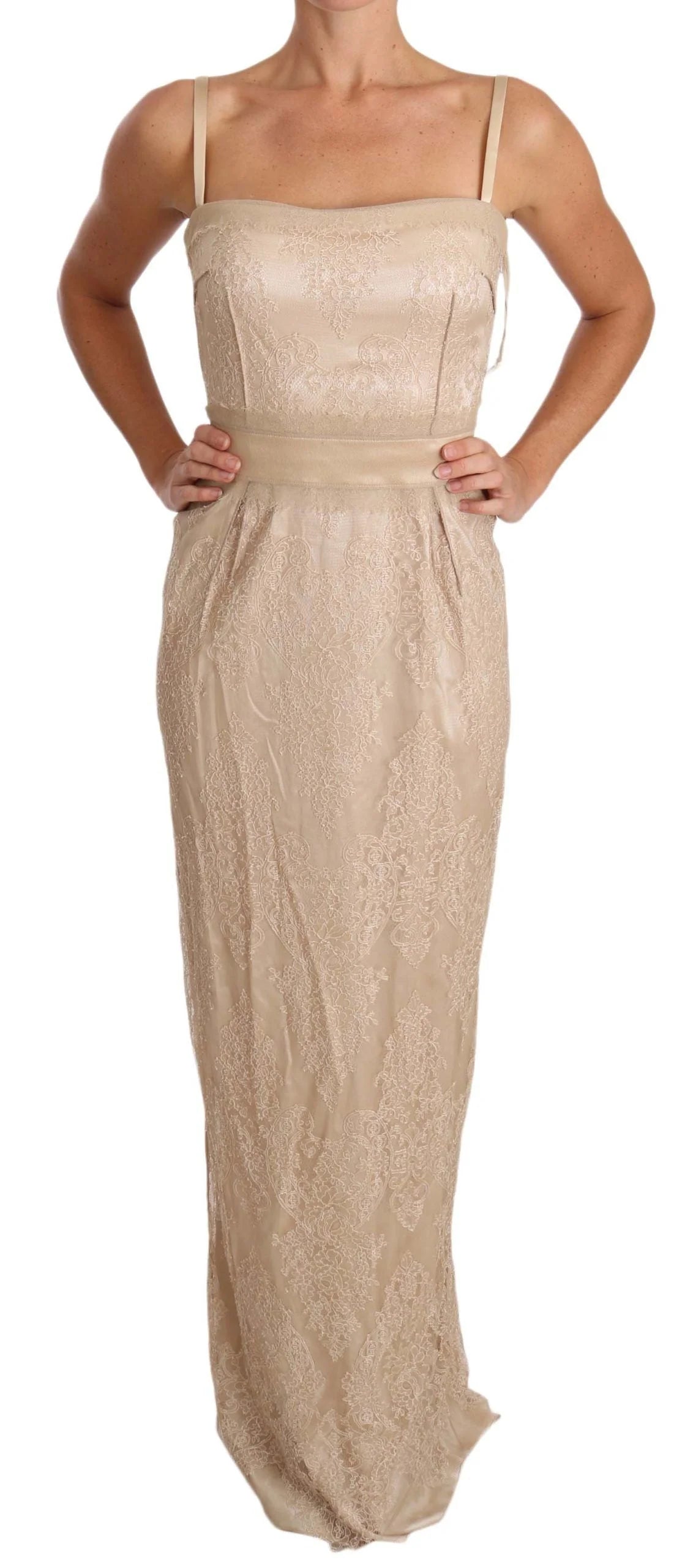 Dolce & Gabbana Beige Lace Spaghetti Strap Sheath Dress - IT42|M
