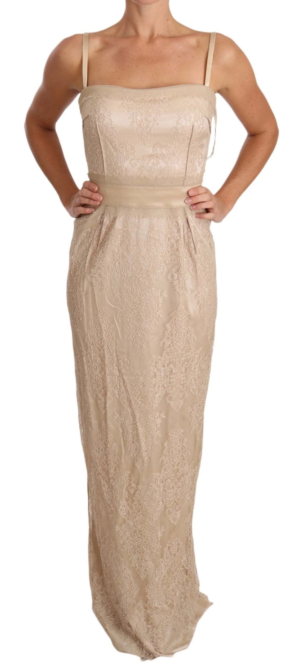 Dolce & Gabbana Beige Lace Spaghetti Strap Sheath Dress - IT42|M