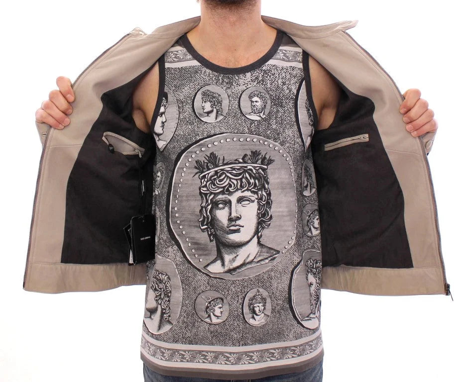 Dolce & Gabbana Beige Leather Jacket Biker Coat - IT50 | L - Bomber Jackets