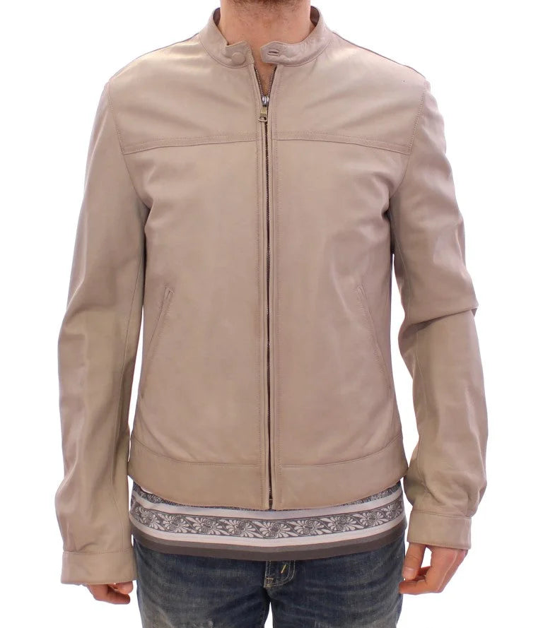Dolce & Gabbana Beige Leather Jacket Biker Coat - IT50 | L - Bomber Jackets