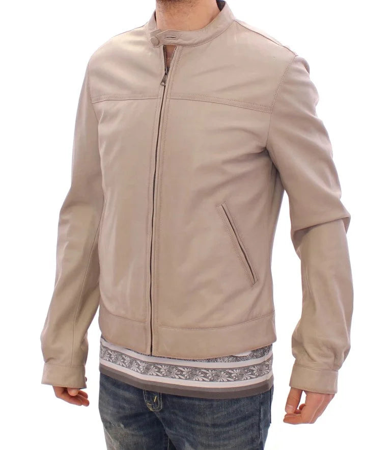 Dolce & Gabbana Beige Leather Jacket Biker Coat - IT50 | L - Bomber Jackets