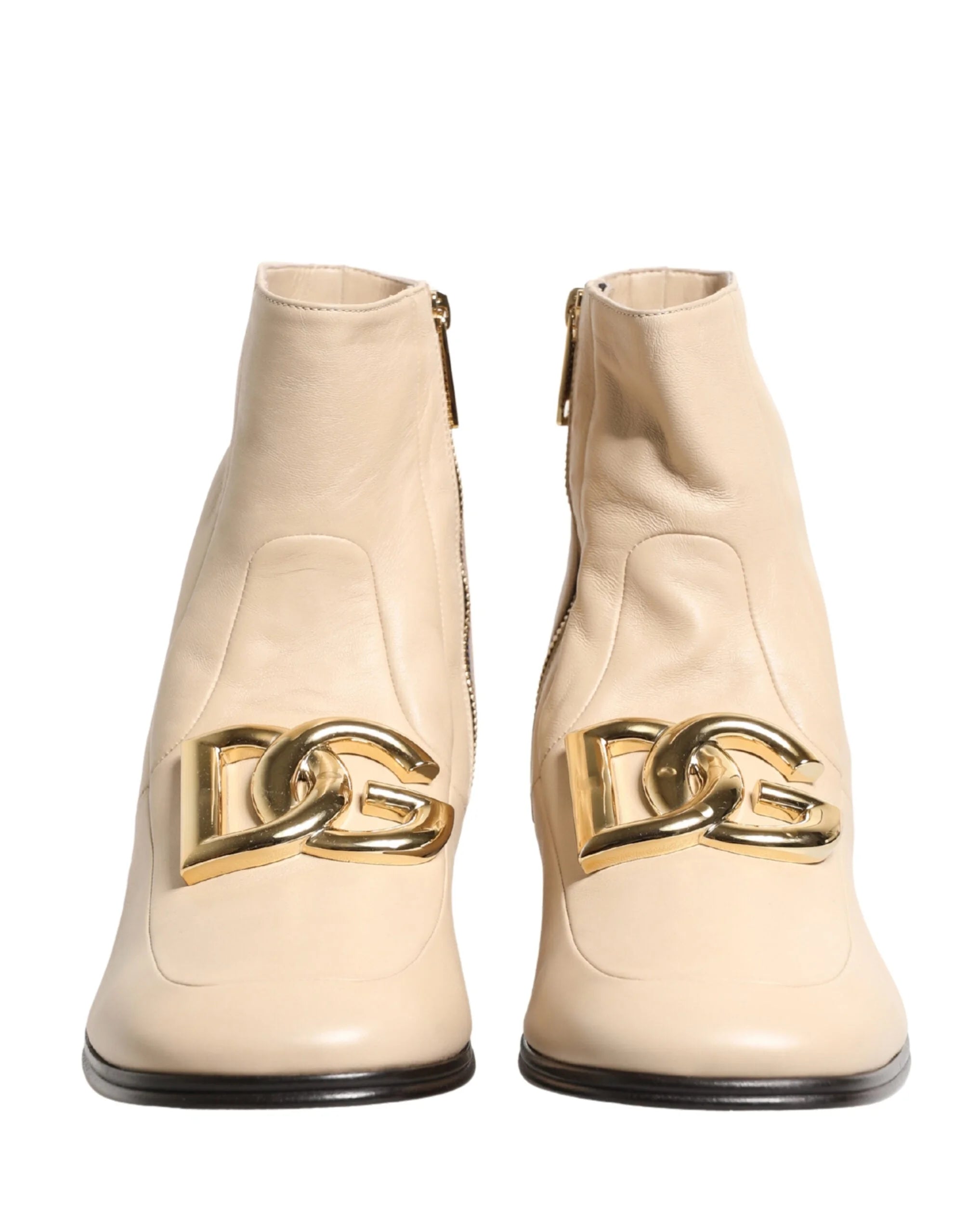 Dolce & Gabbana Beige Leather Logo Plaque Ankle Boots Shoes - EU44/US11