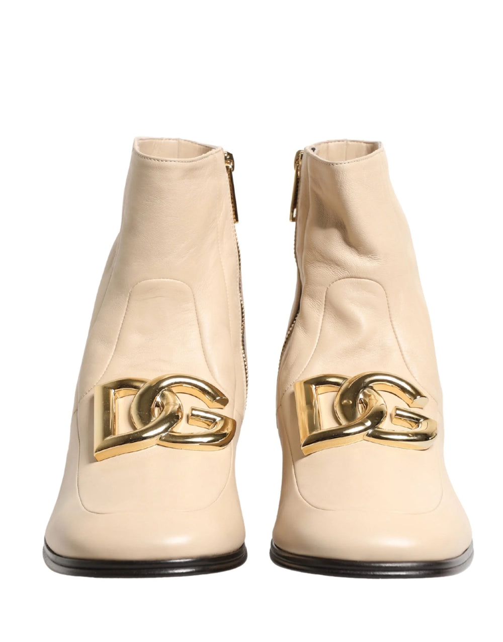 Dolce & Gabbana Beige Leather Logo Plaque Ankle Boots Shoes - EU44/US11