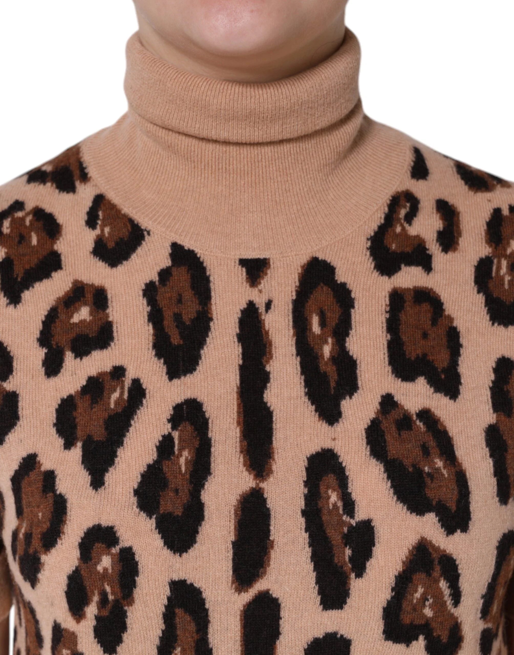Dolce & Gabbana Beige Leopard Print Wool Turtleneck Top - IT44 | L - Sweaters