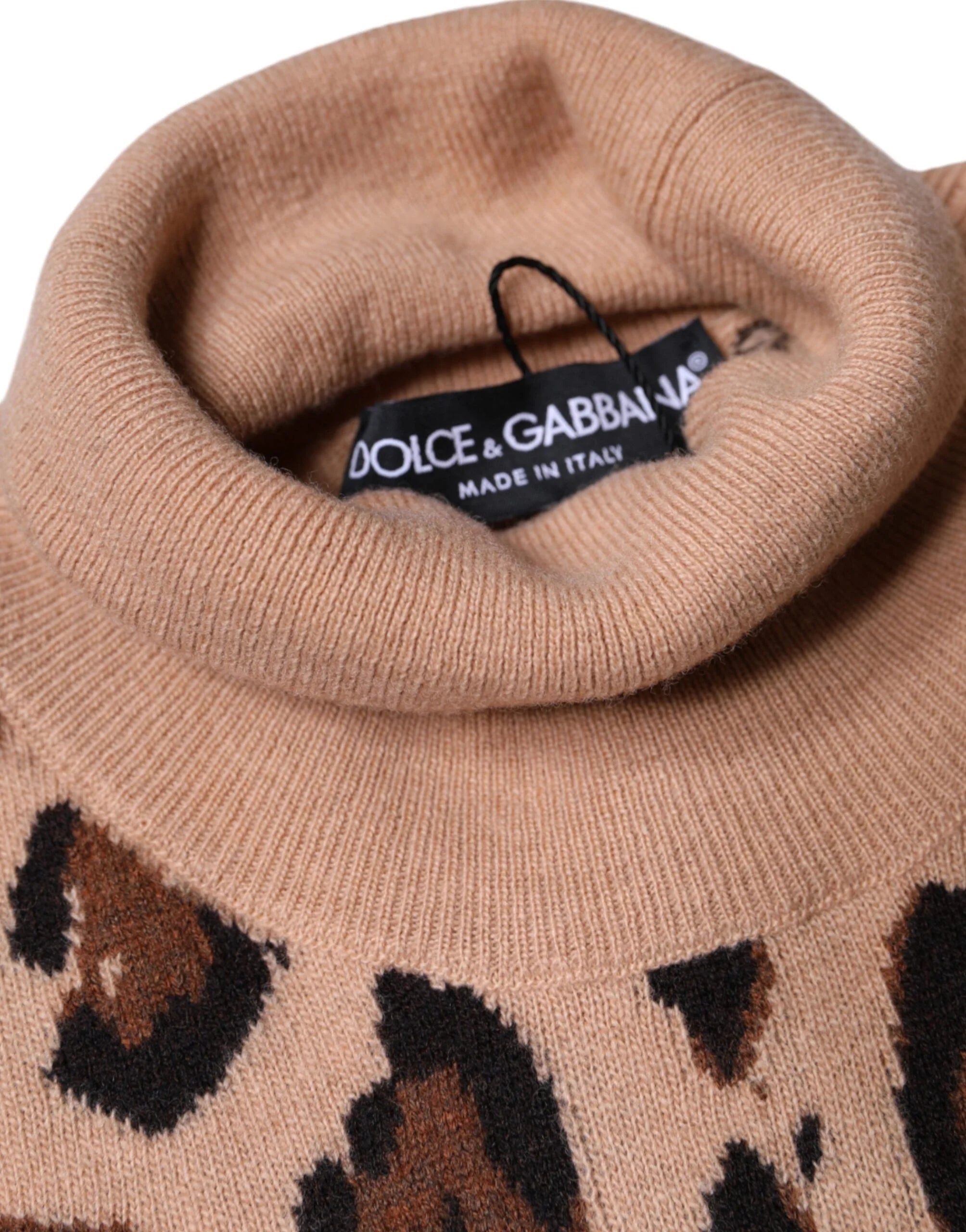 Dolce & Gabbana Beige Leopard Print Wool Turtleneck Top - IT44 | L - Sweaters