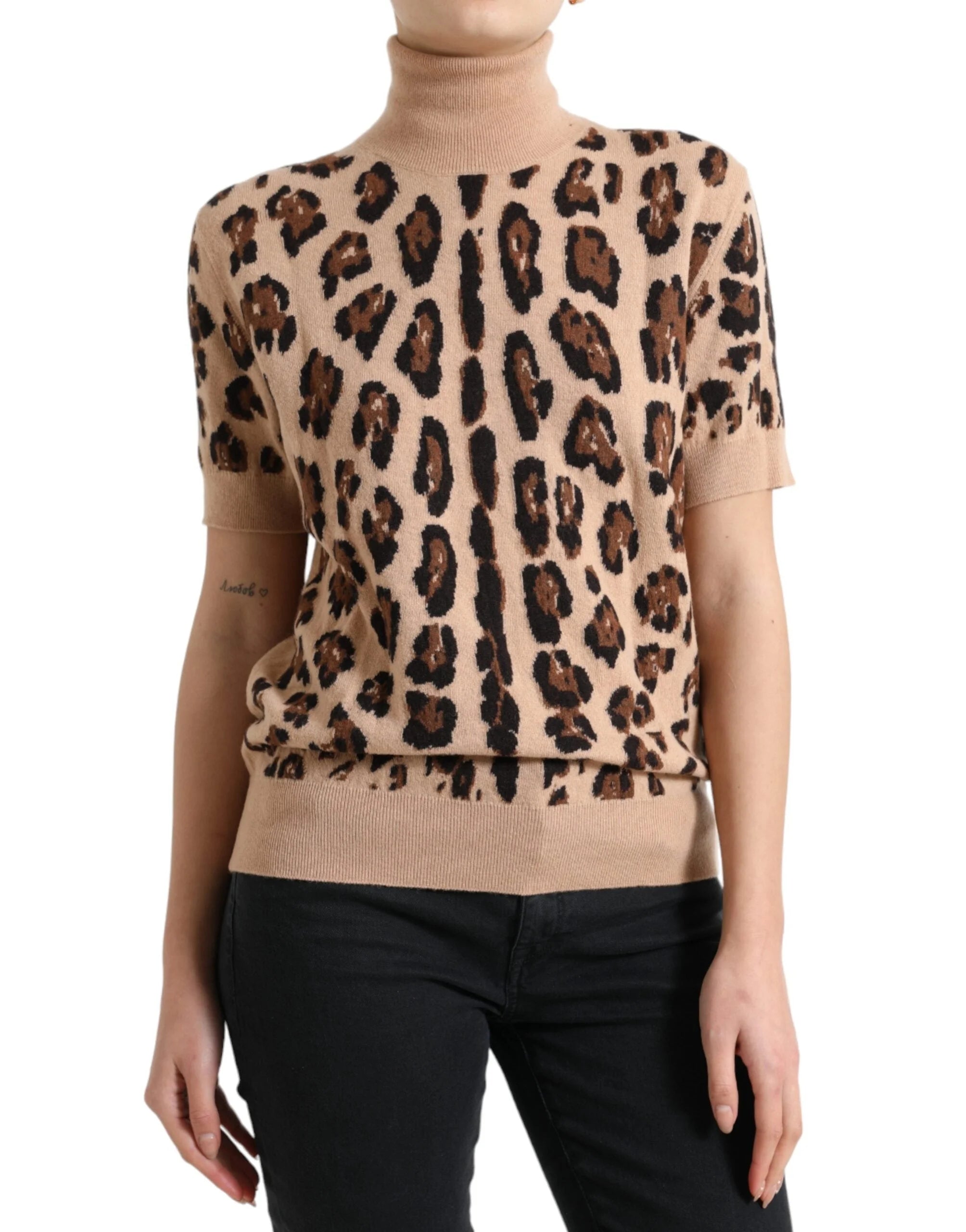 Dolce & Gabbana Beige Leopard Print Wool Turtleneck Top - IT50 | XXL - Sweaters