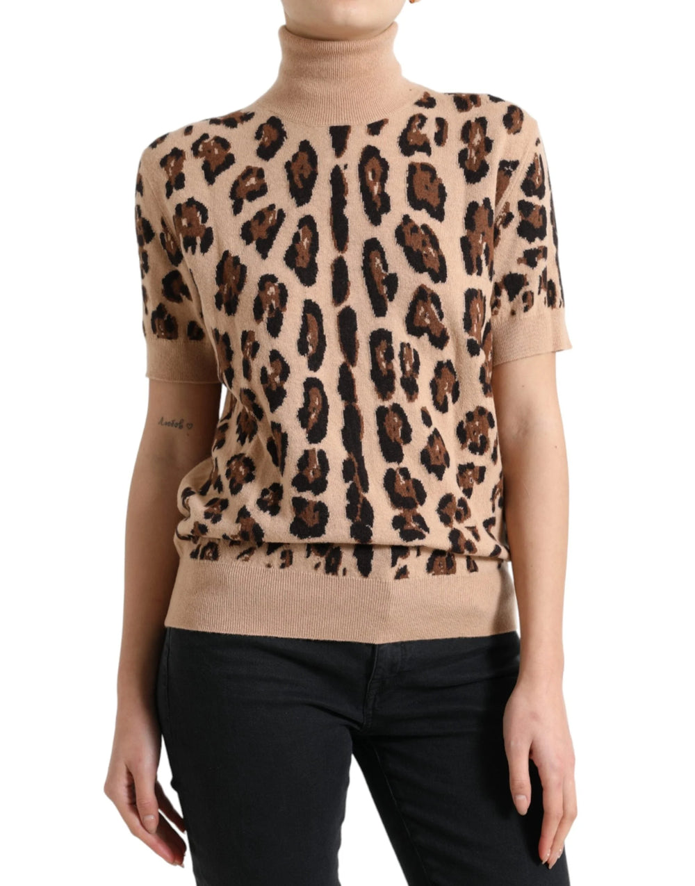 Dolce & Gabbana Beige Leopard Print Wool Turtleneck Top - IT50 | XXL - Sweaters