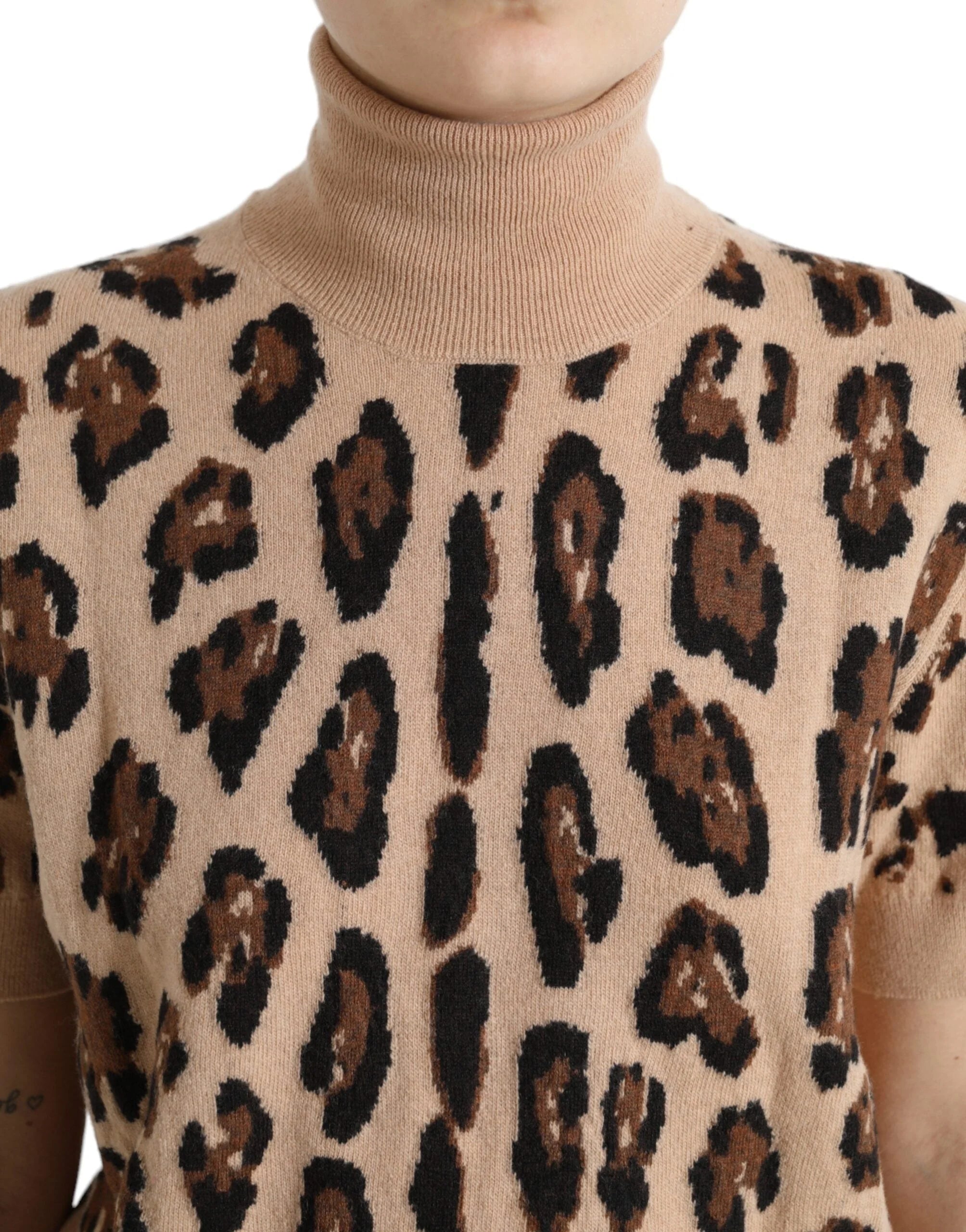 Dolce & Gabbana Beige Leopard Print Wool Turtleneck Top - IT50 | XXL - Sweaters