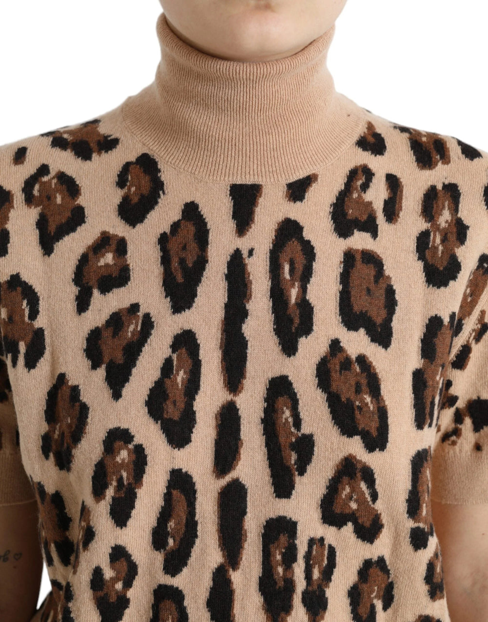 Dolce & Gabbana Beige Leopard Print Wool Turtleneck Top - IT50 | XXL - Sweaters