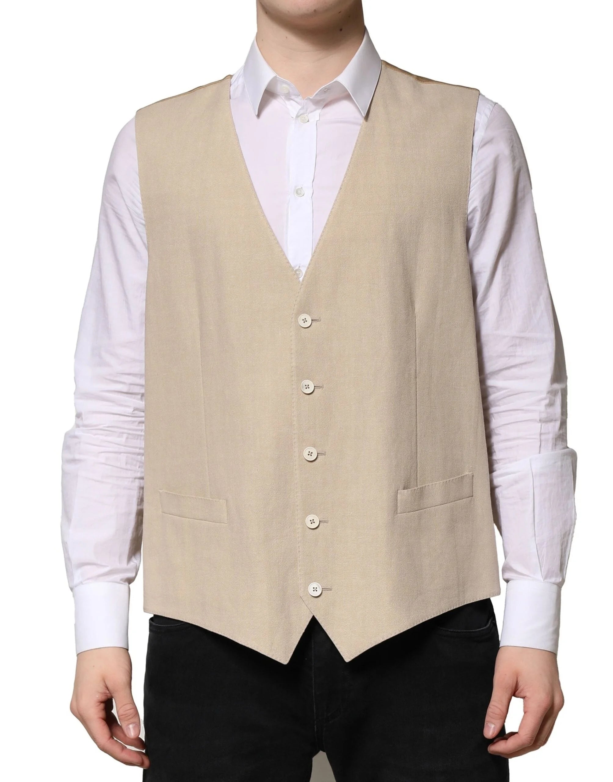 Dolce & Gabbana Beige Linen Dress Formal Men Waistcoat Vest - IT50 | L - Vests